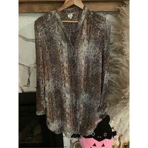 Wilfred Womens Gray Tan Snake Print Silk Button Front Tunic Blouse Size Large